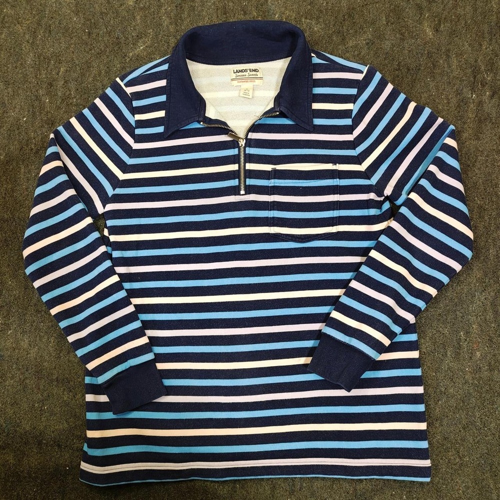 Lands End Mens Blue Striped Quarter Zip Rugby Shirt Serious Sweats Size M 10-12